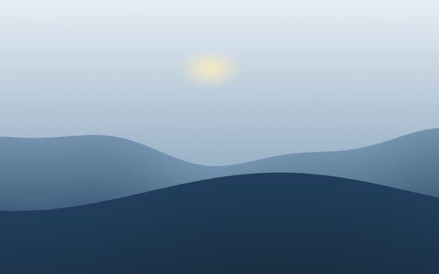 Layered blue mountain silhouettes beneath a pale dawn sky